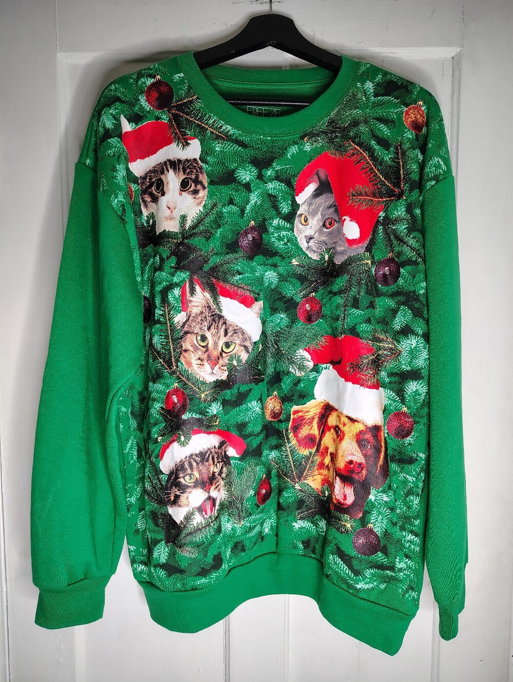 Light Up Ugly Christmas Sweater Santa Hat Cats and Dog Green Mens Size XL